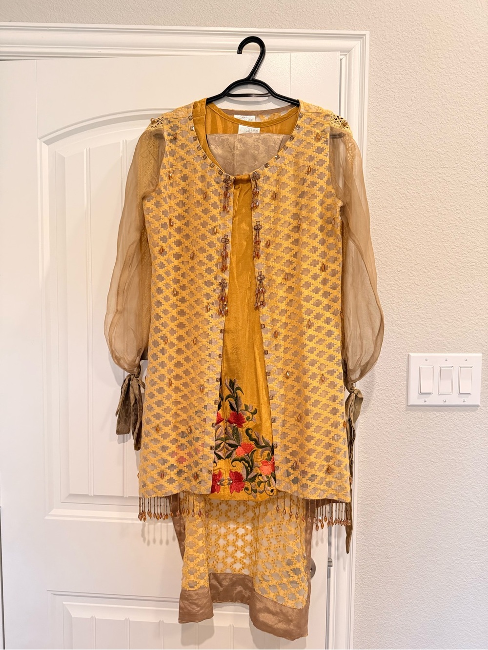 Mustard Floral Embroidered Women's Dress with Sheer Sleeves
